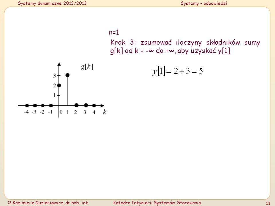 n=1 Krok 3: zsumować iloczyny składników sumy g[k] od k = - do +, aby uzyskać y[1]