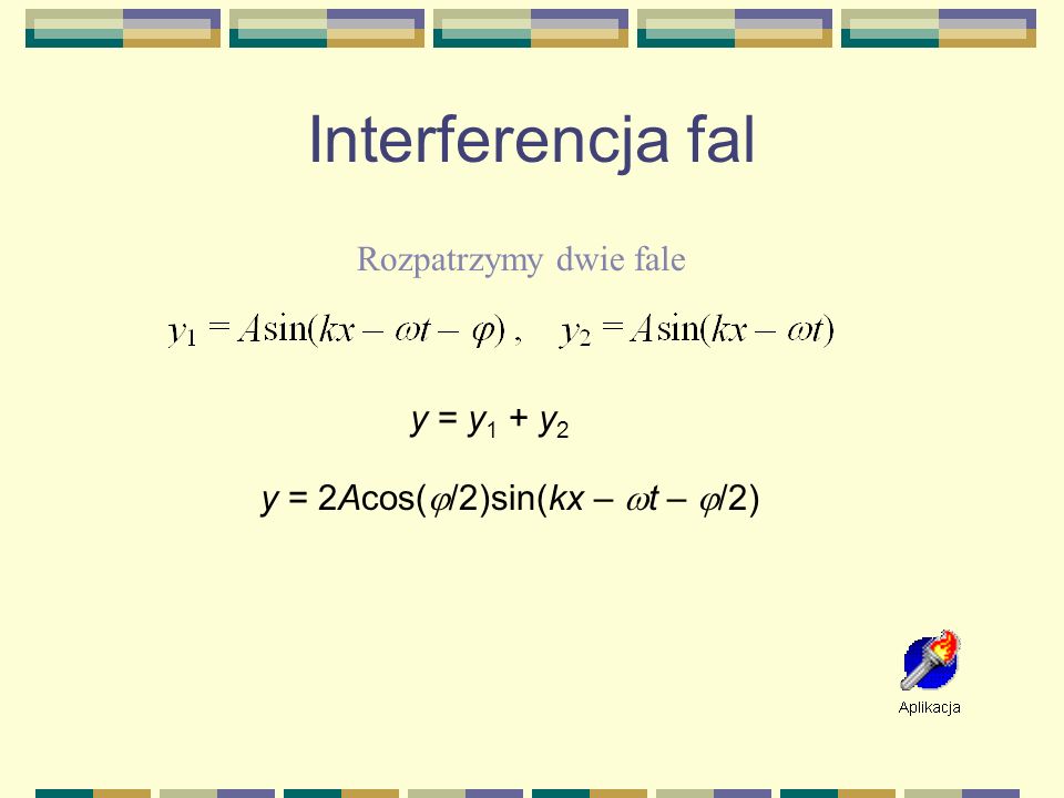 Interferencja fal Rozpatrzymy dwie fale y = y1 + y2