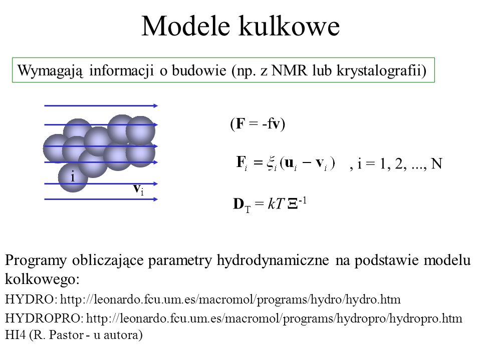 Modele kulkowe Wymagają informacji o budowie (np. z NMR lub krystalografii) i. (F = -fv) , i = 1, 2, ..., N.