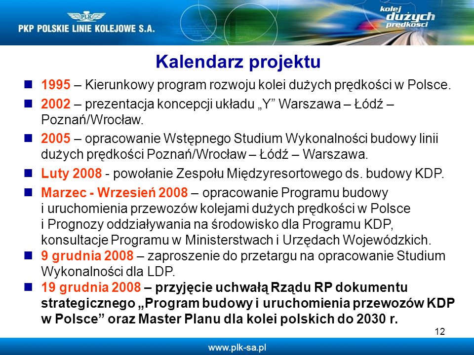 Kalendarz projektu 1995 – Kierunkowy program rozwoju kolei dużych prędkości w Polsce.