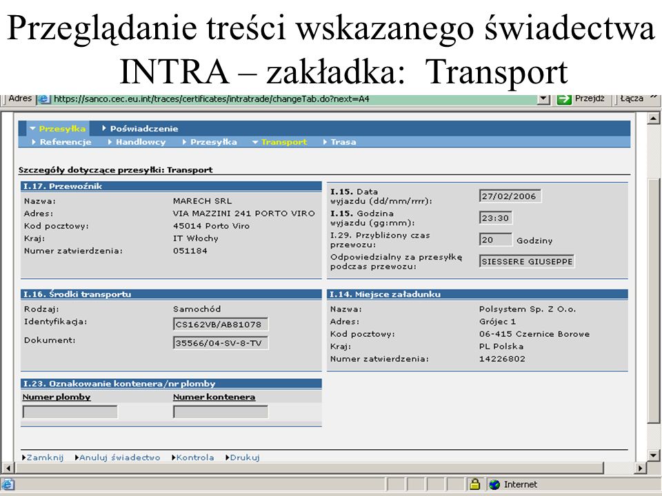 Przeglądanie treści wskazanego świadectwa INTRA – zakładka: Transport