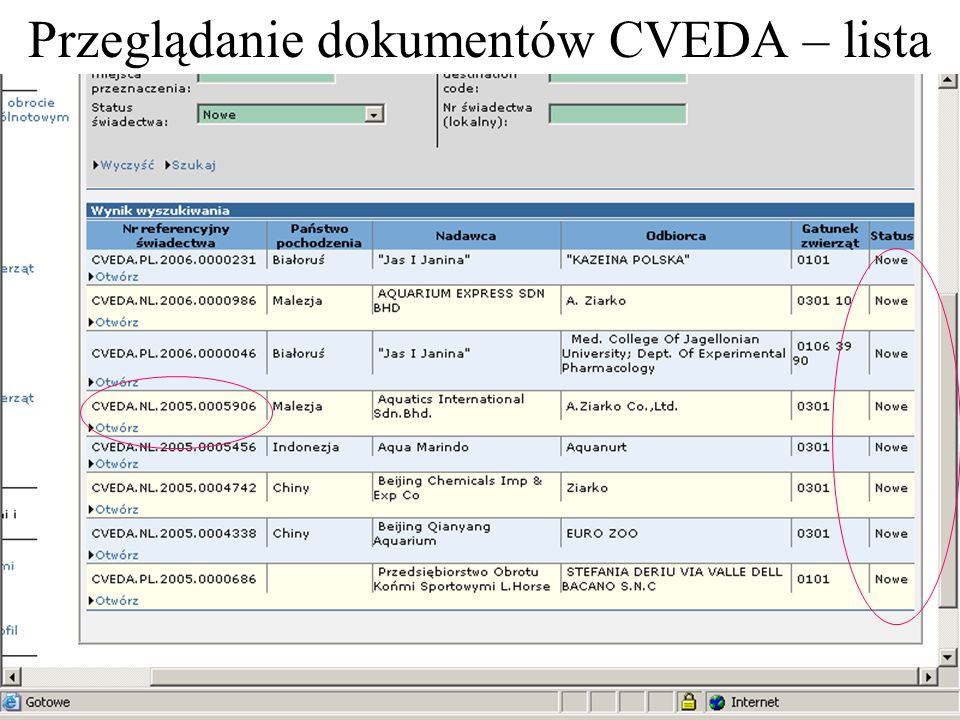 Przeglądanie dokumentów CVEDA – lista