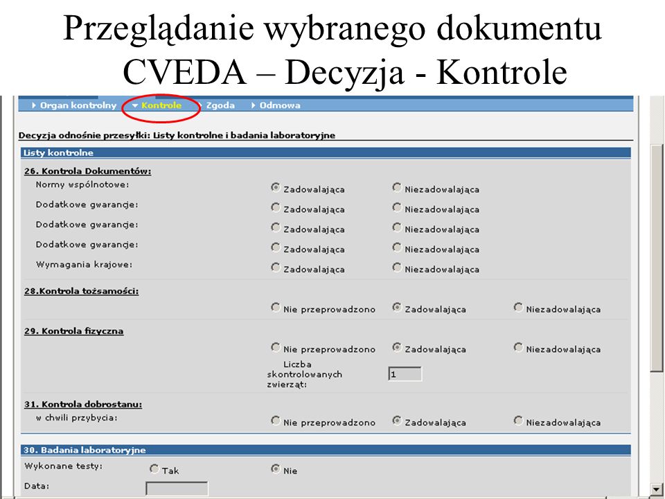 Przeglądanie wybranego dokumentu CVEDA – Decyzja - Kontrole