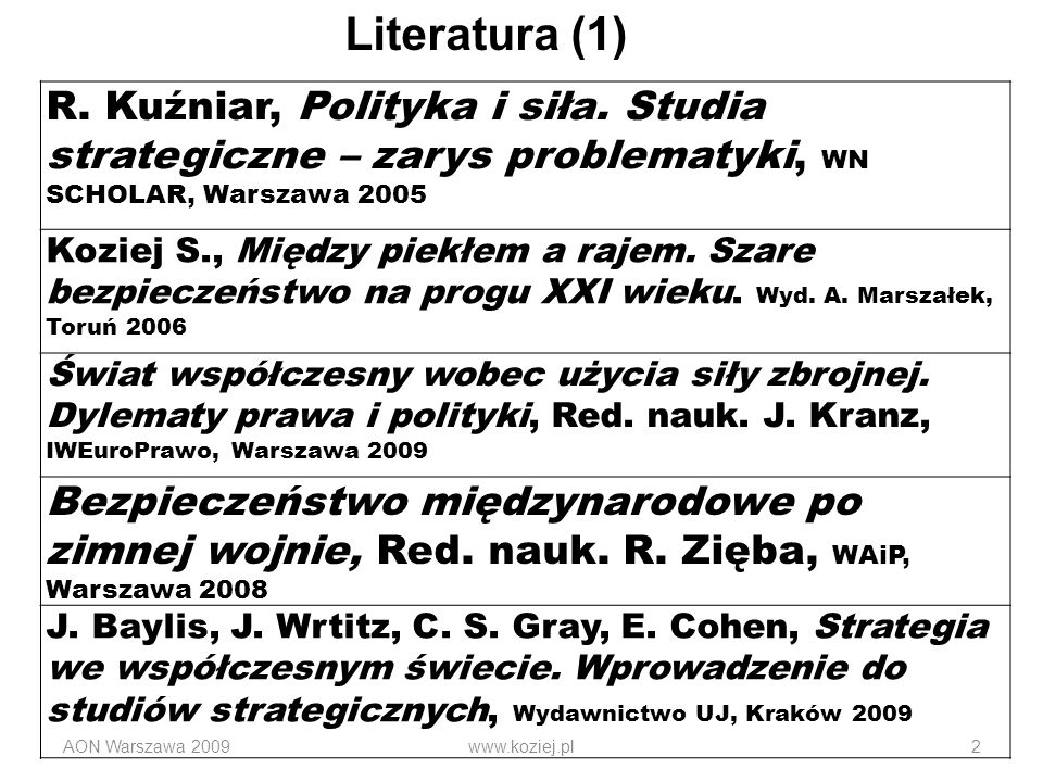 Literatura (1) R. Kuźniar, Polityka i siła. Studia strategiczne – zarys problematyki, WN SCHOLAR, Warszawa