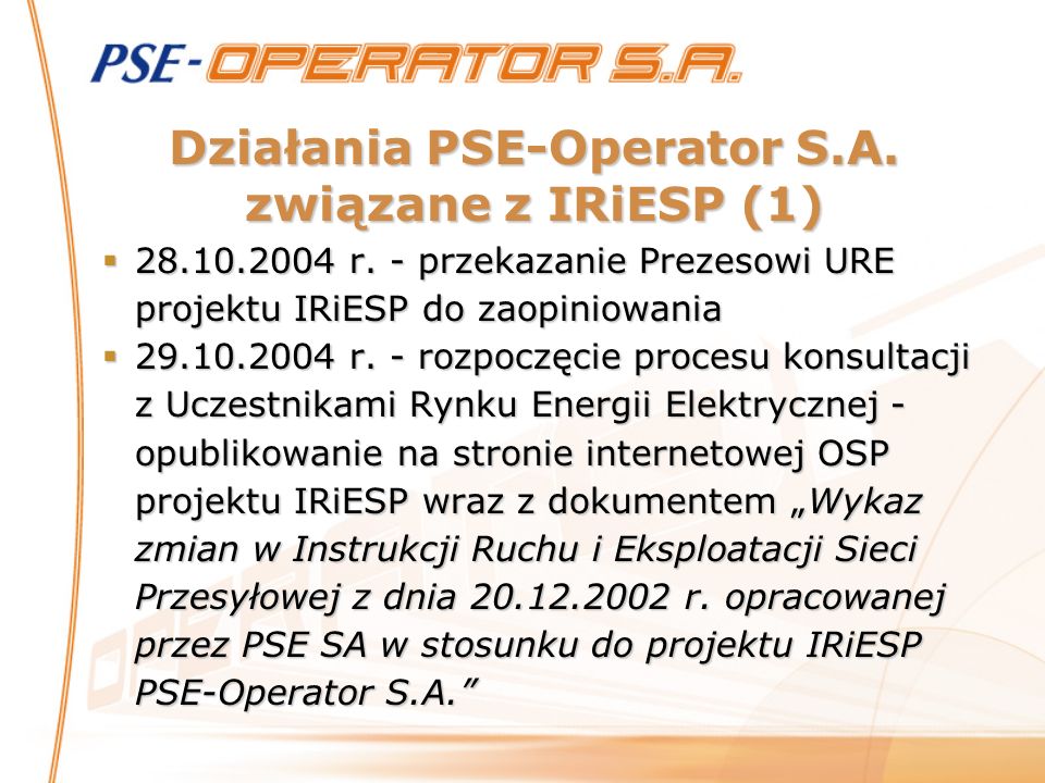 Działania PSE-Operator S.A. związane z IRiESP (1)