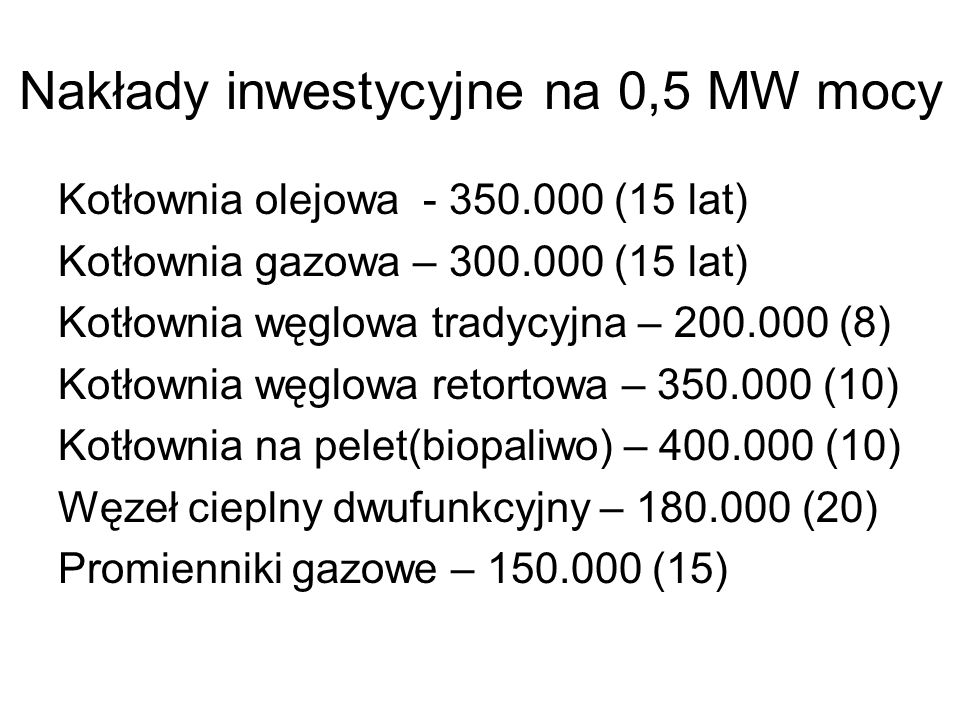 Nakłady inwestycyjne na 0,5 MW mocy