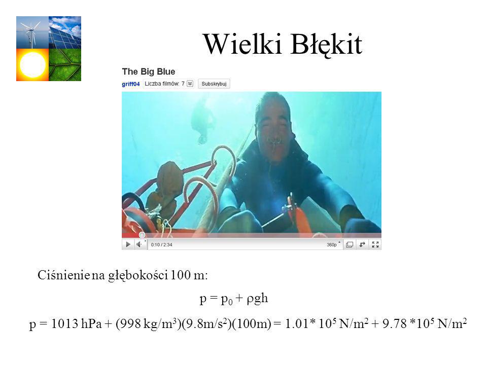 Wielki Błękit Ciśnienie na głębokości 100 m: p = p0 + rgh