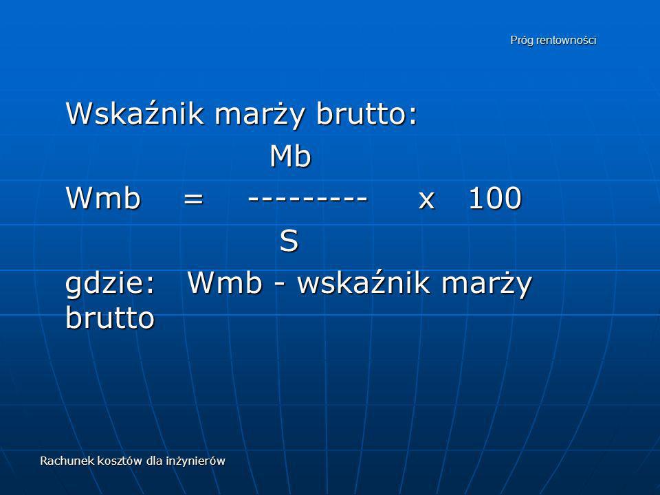 Wskaźnik marży brutto: Mb Wmb = x 100 S