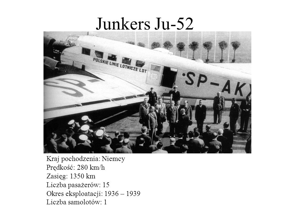 Junkers Ju-52 Kraj pochodzenia: Niemcy Prędkość: 280 km/h