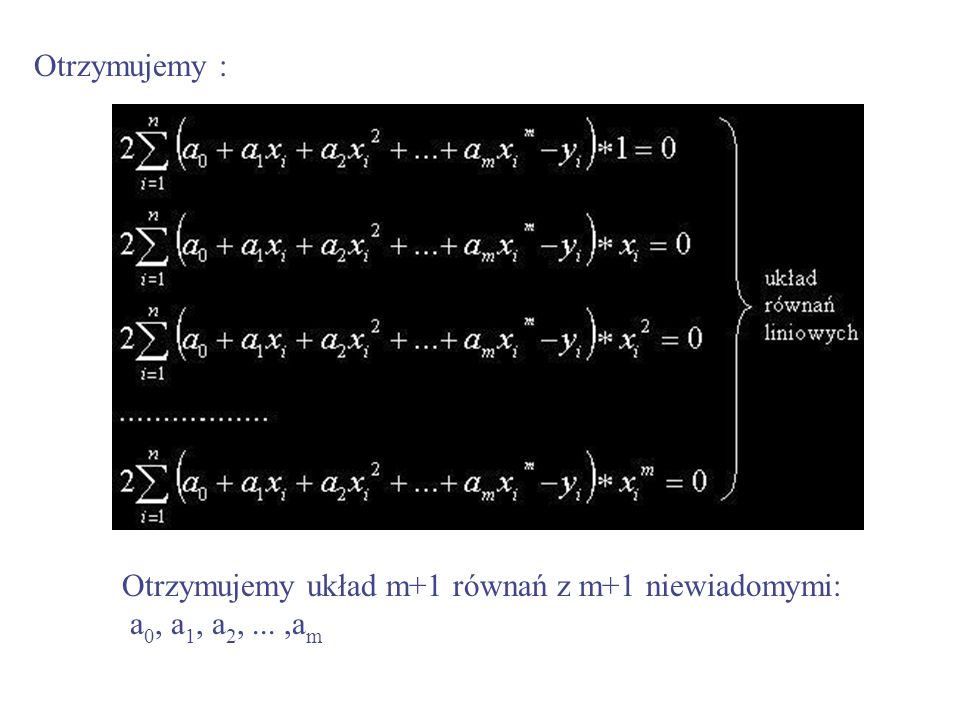 Otrzymujemy : Otrzymujemy układ m+1 równań z m+1 niewiadomymi: a0, a1, a2, ... ,am