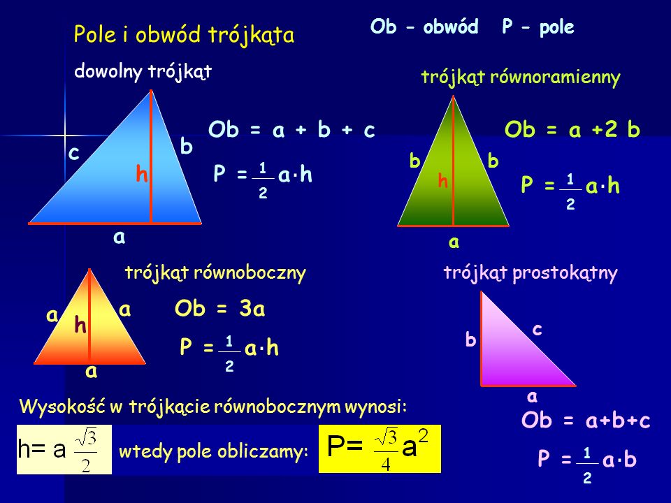 Pole i obwód trójkąta a h c b Ob = a + b + c Ob = a +2 b 1 2 P = a h .