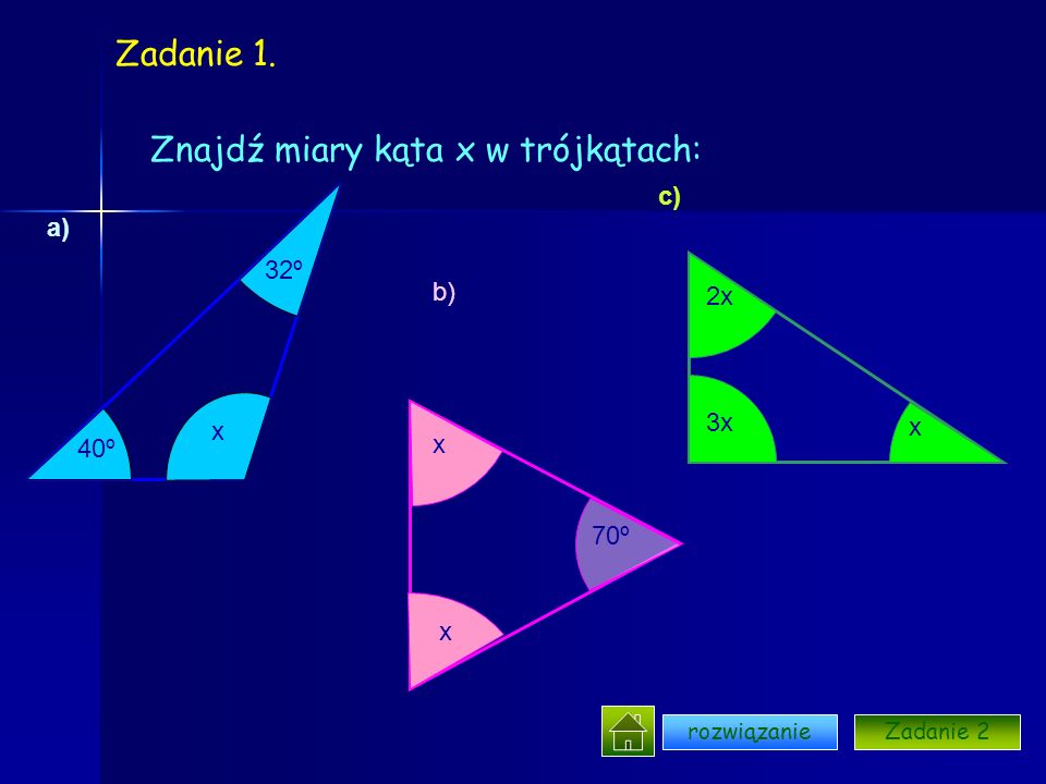 Znajdź miary kąta x w trójkątach: