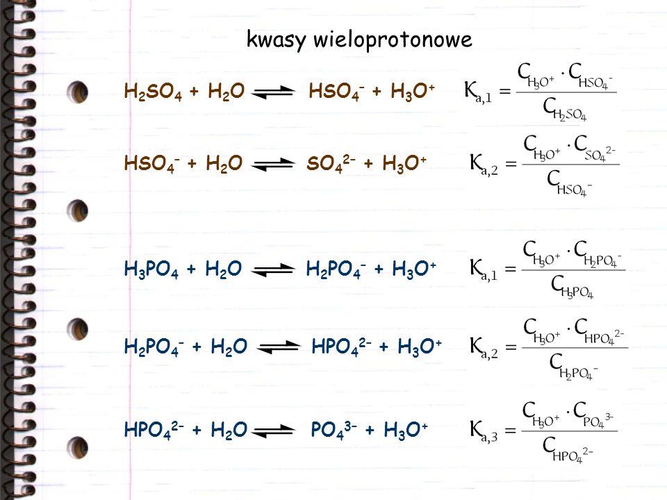 kwasy wieloprotonowe H2SO4 + H2O HSO4– + H3O+ HSO4– + H2O SO42– + H3O+