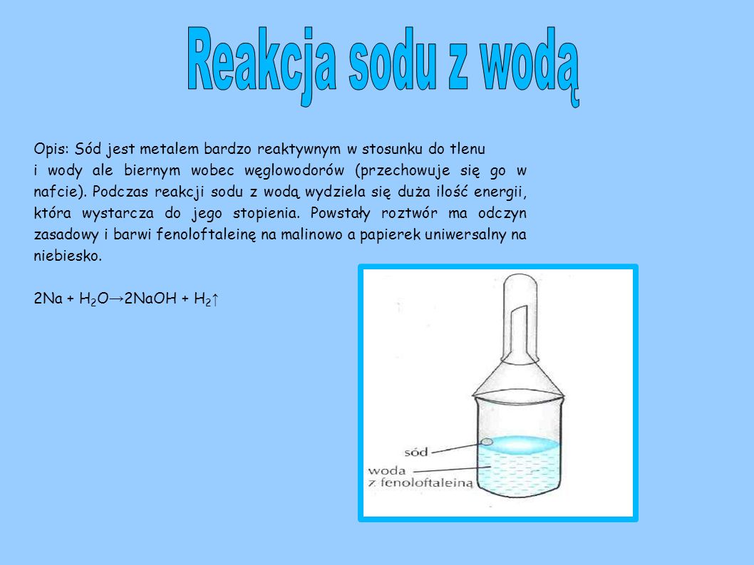 Reakcja sodu z wodą Opis: Sód jest metalem bardzo reaktywnym w stosunku do tlenu.