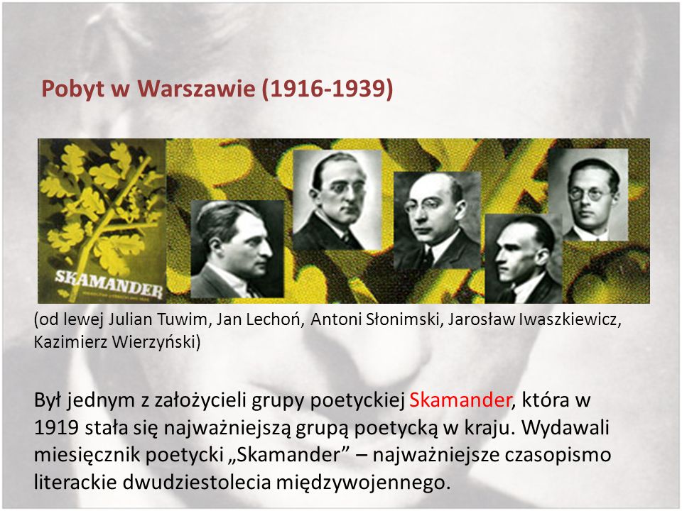 Pobyt w Warszawie ( ) (od lewej Julian Tuwim, Jan Lechoń, Antoni Słonimski, Jarosław Iwaszkiewicz, Kazimierz Wierzyński)