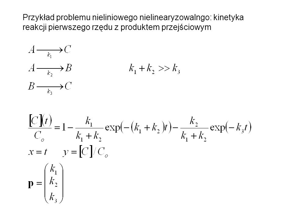 Przykład problemu nieliniowego nielinearyzowalngo: kinetyka reakcji pierwszego rzędu z produktem przejściowym