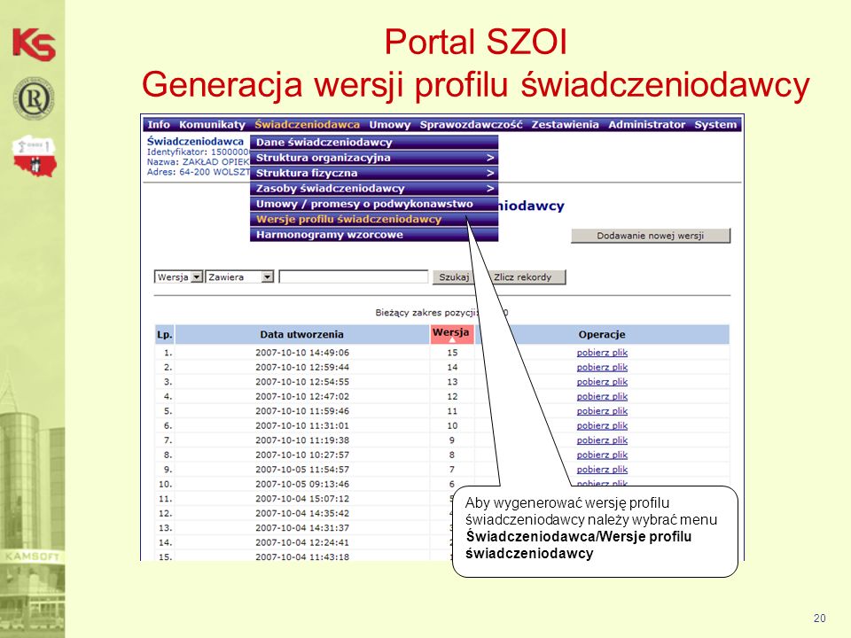 Portal SZOI Generacja wersji profilu świadczeniodawcy