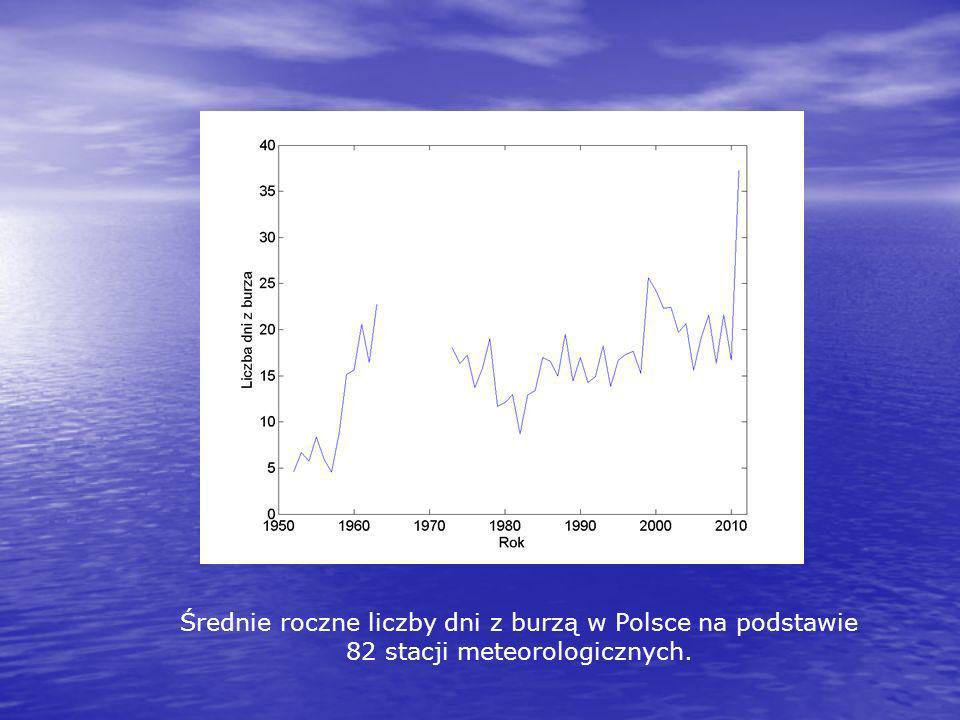 Średnie roczne liczby dni z burzą w Polsce na podstawie 82 stacji meteorologicznych.