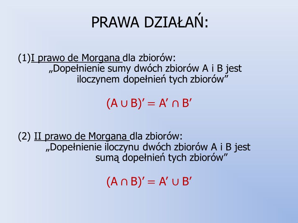 PRAWA DZIAŁAŃ: (A ∪ B)’ = A’ ∩ B’ (A ∩ B)’ = A’ ∪ B’