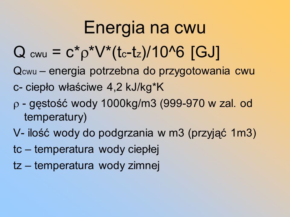 Energia na cwu Q cwu = c*r*V*(tc-tz)/10^6 [GJ]