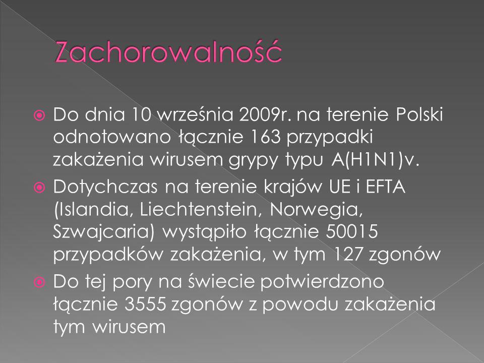 Zachorowalność Do dnia 10 września 2009r. na terenie Polski odnotowano łącznie 163 przypadki zakażenia wirusem grypy typu A(H1N1)v.