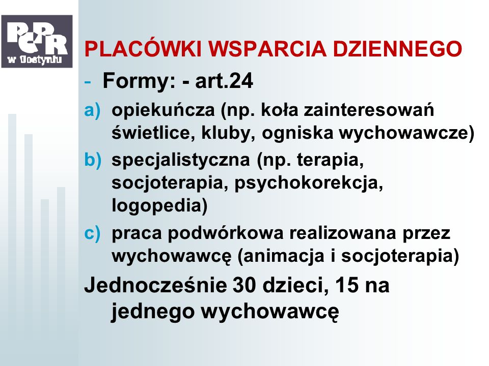 PLACÓWKI WSPARCIA DZIENNEGO Formy: - art.24
