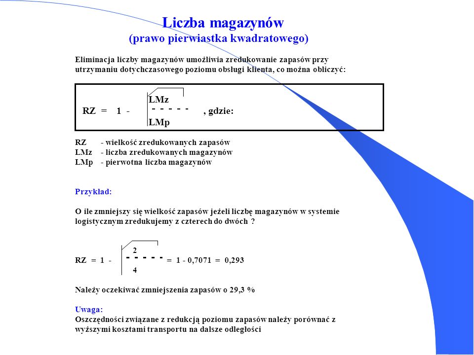 Liczba magazynów (prawo pierwiastka kwadratowego) LMz RZ = 1 -