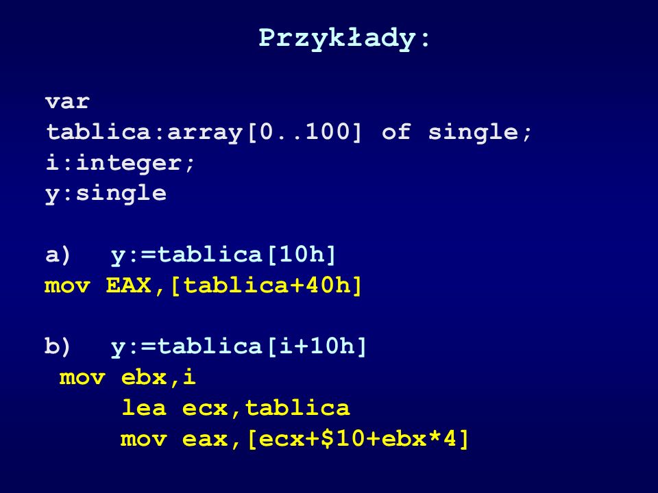 Przykłady: var tablica:array[0..100] of single; i:integer; y:single