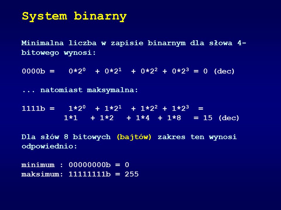 System binarny Minimalna liczba w zapisie binarnym dla słowa 4-bitowego wynosi: 0000b = 0*20 + 0*21 + 0*22 + 0*23 = 0 (dec)