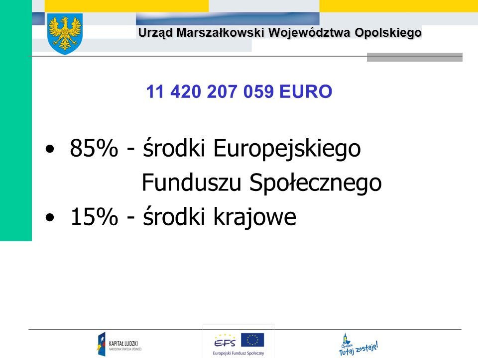 85% - środki Europejskiego Funduszu Społecznego 15% - środki krajowe
