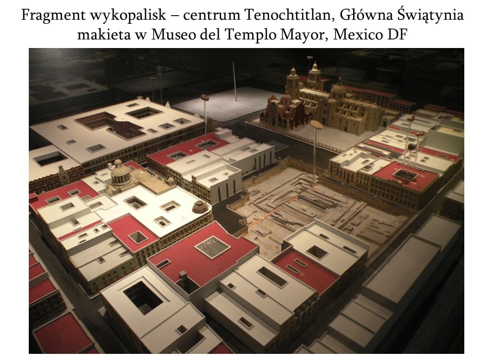 Fragment wykopalisk – centrum Tenochtitlan, Główna Świątynia makieta w Museo del Templo Mayor, Mexico DF