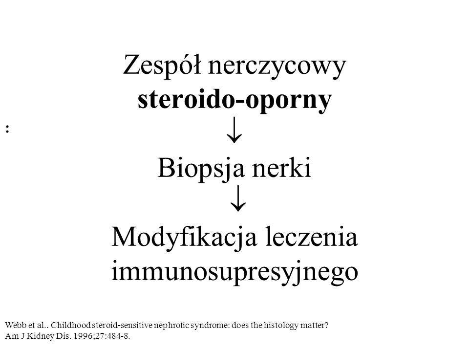 : Zespół nerczycowy steroido-oporny  Biopsja nerki  Modyfikacja leczenia immunosupresyjnego.