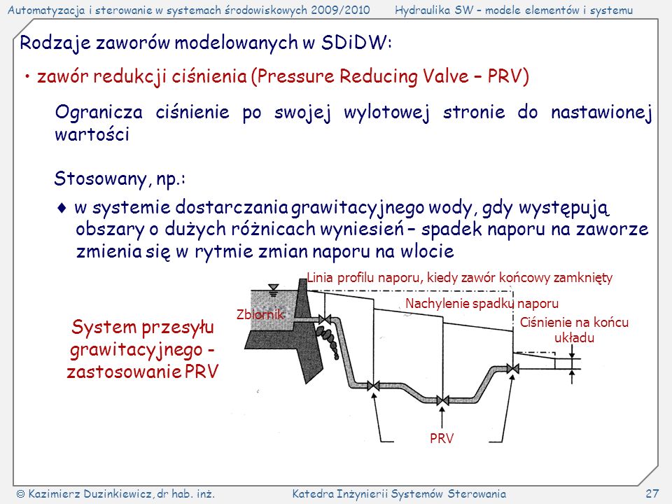Rodzaje zaworów modelowanych w SDiDW: