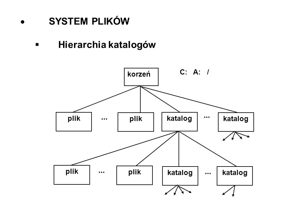 SYSTEM PLIKÓW Hierarchia katalogów korzeń C: A: / plik katalog ...