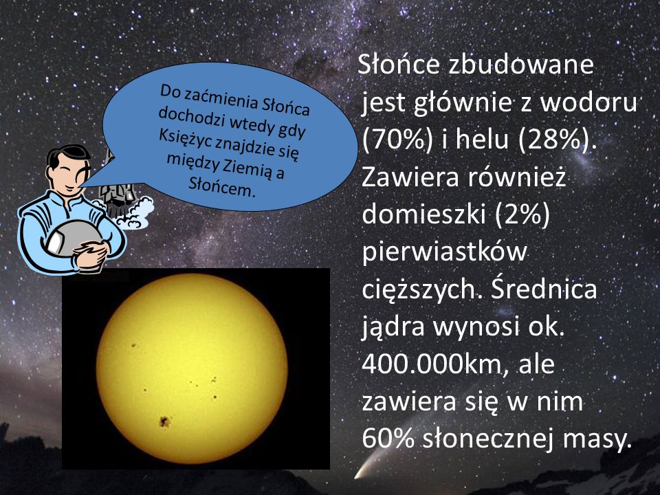 Słońce zbudowane jest głównie z wodoru (70%) i helu (28%)
