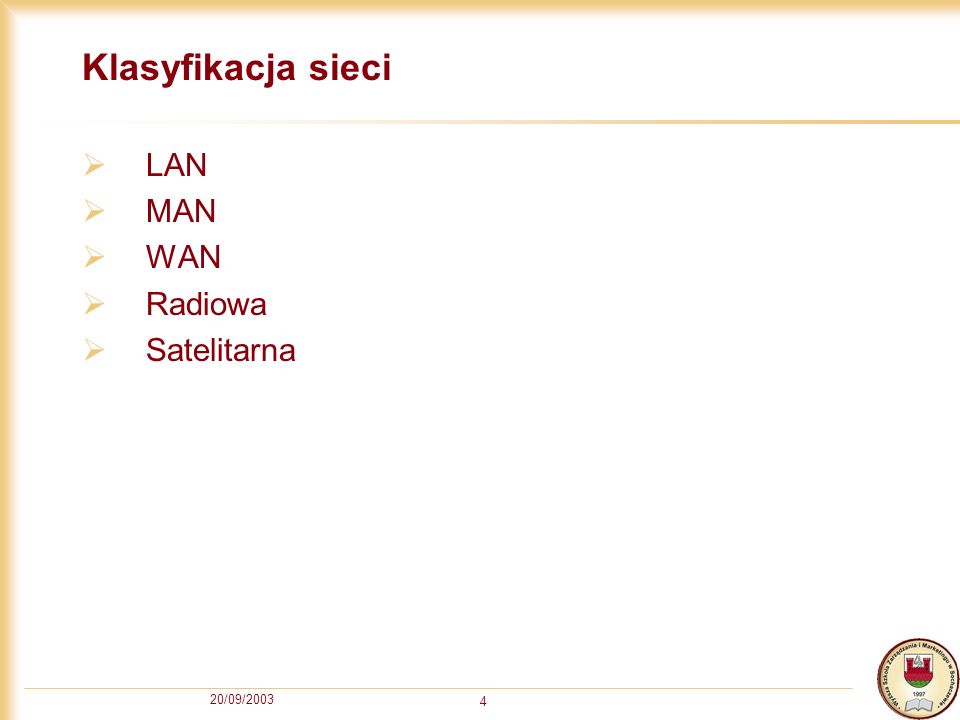 Klasyfikacja sieci LAN MAN WAN Radiowa Satelitarna 20/09/2003
