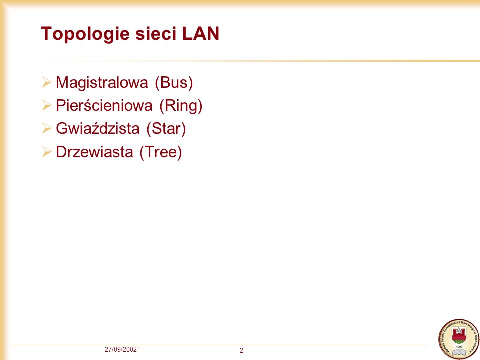 Topologie sieci LAN Magistralowa (Bus) Pierścieniowa (Ring)