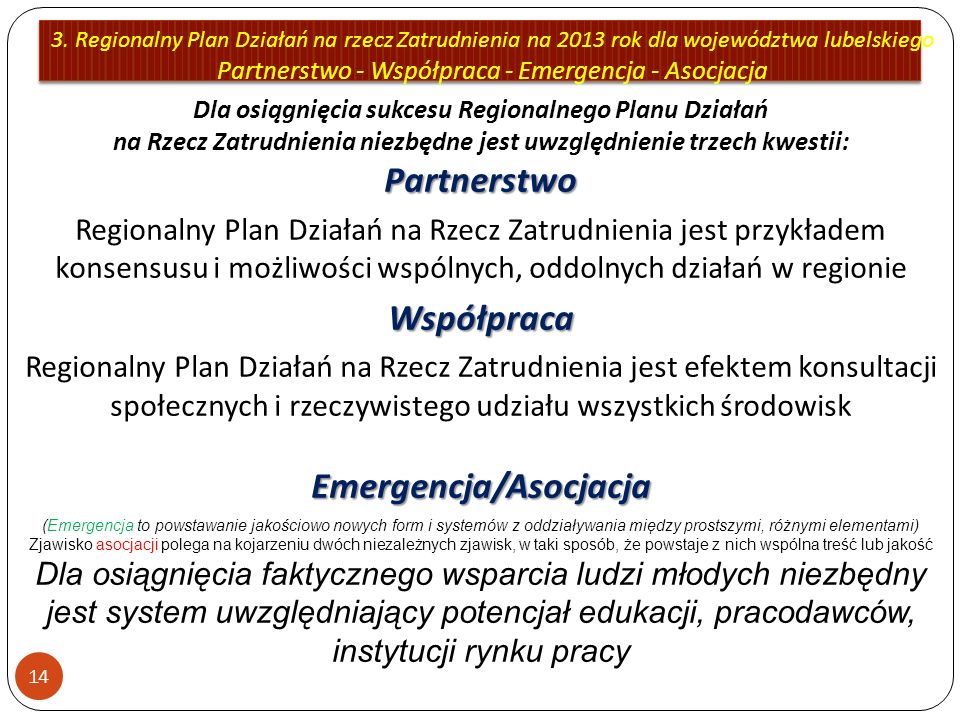 3. Regionalny Plan Działań na rzecz Zatrudnienia na 2013 rok dla województwa lubelskiego Partnerstwo - Współpraca - Emergencja - Asocjacja