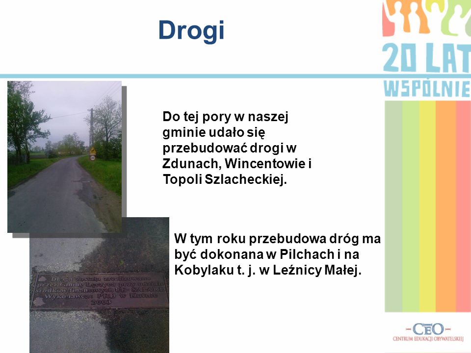 Drogi Do tej pory w naszej gminie udało się przebudować drogi w Zdunach, Wincentowie i Topoli Szlacheckiej.