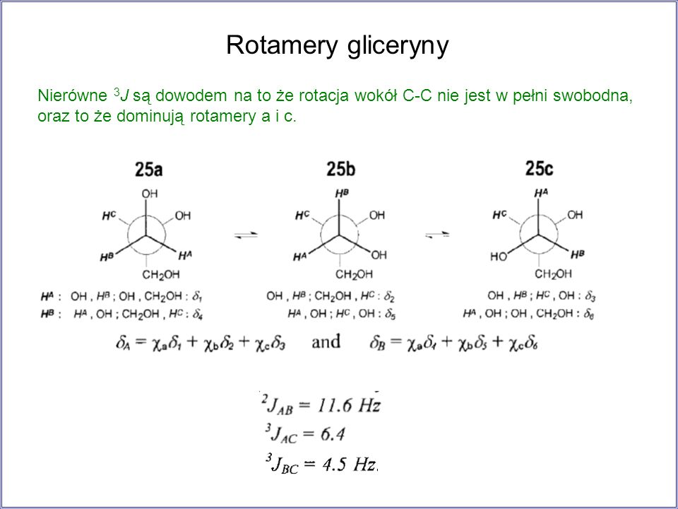Rotamery gliceryny Nierówne 3J są dowodem na to że rotacja wokół C-C nie jest w pełni swobodna, oraz to że dominują rotamery a i c.