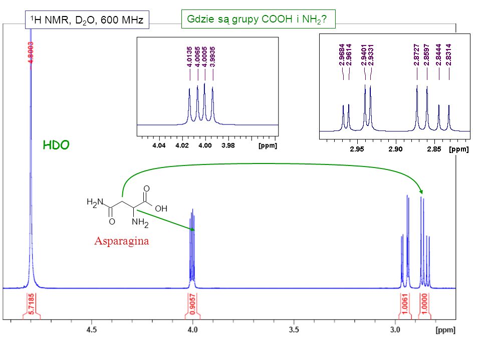 1H NMR, D2O, 600 MHz Gdzie są grupy COOH i NH2 HDO Asparagina O N H 2