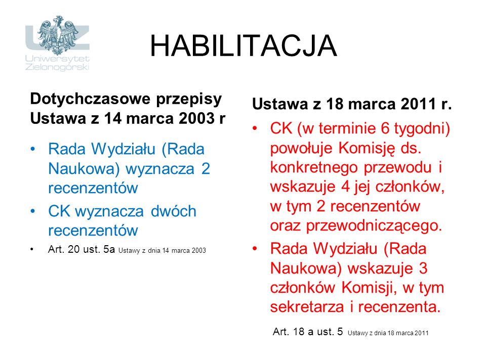 HABILITACJA Dotychczasowe przepisy Ustawa z 14 marca 2003 r