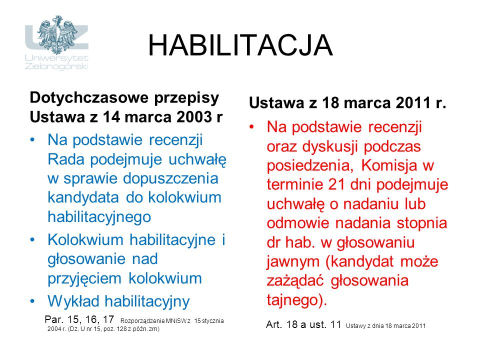 HABILITACJA Dotychczasowe przepisy Ustawa z 18 marca 2011 r.