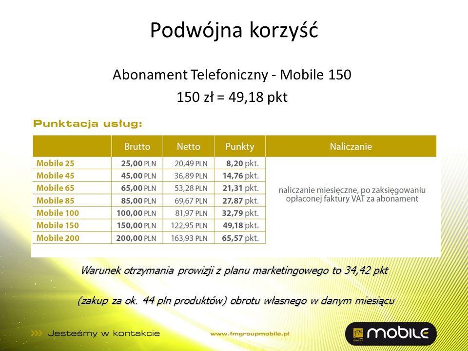 Podwójna korzyść Abonament Telefoniczny - Mobile zł = 49,18 pkt Warunek otrzymania prowizji z planu marketingowego to 34,42 pkt.