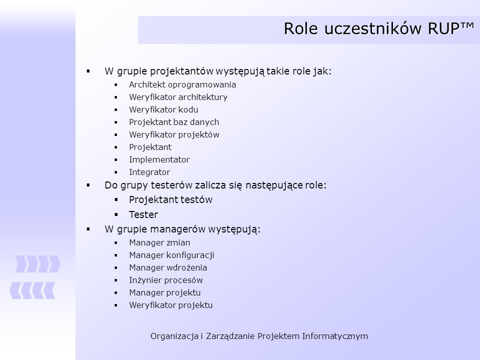 Role uczestników RUP™ W grupie projektantów występują takie role jak: