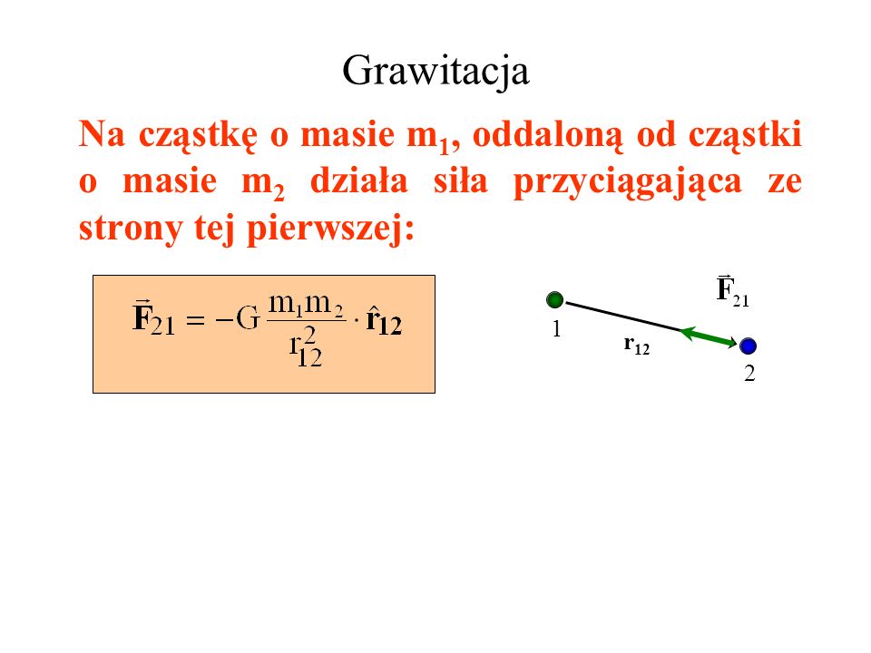 Grawitacja Na cząstkę o masie m1, oddaloną od cząstki o masie m2 działa siła przyciągająca ze strony tej pierwszej: