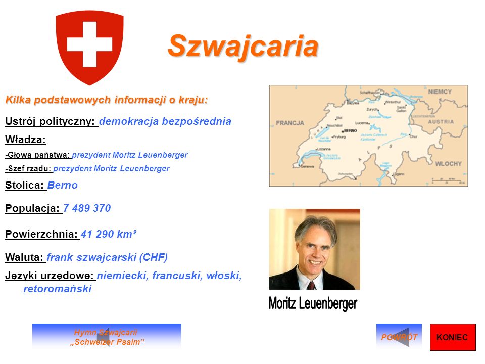 Szwajcaria Moritz Leuenberger Kilka podstawowych informacji o kraju: