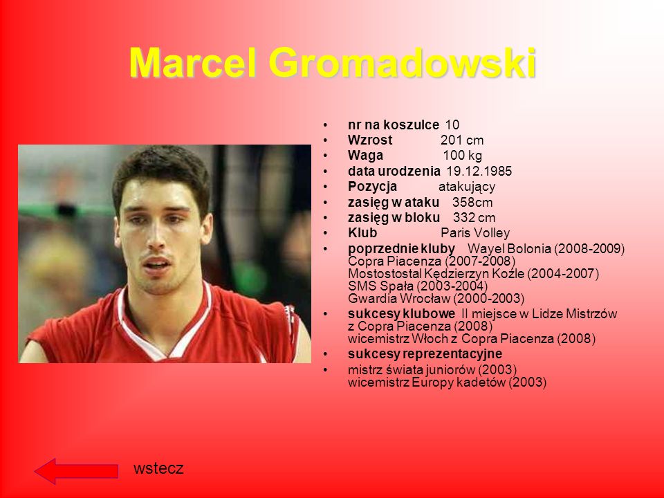 Marcel Gromadowski wstecz nr na koszulce 10 Wzrost 201 cm Waga 100 kg