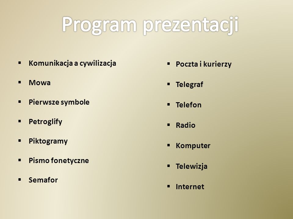 Program prezentacji Komunikacja a cywilizacja Mowa Pierwsze symbole