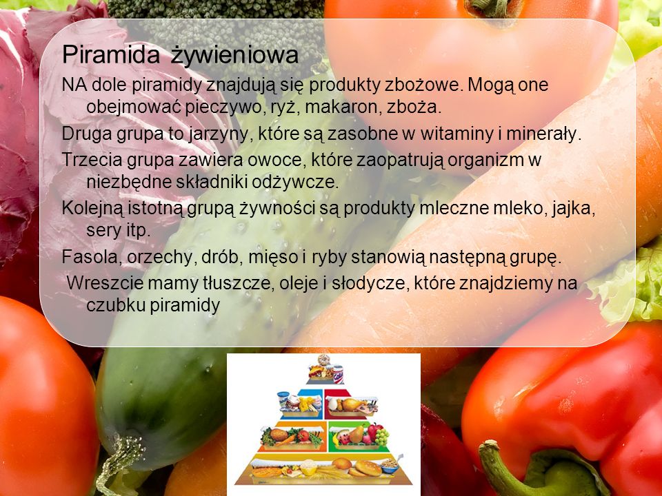 Piramida żywieniowa NA dole piramidy znajdują się produkty zbożowe. Mogą one obejmować pieczywo, ryż, makaron, zboża.